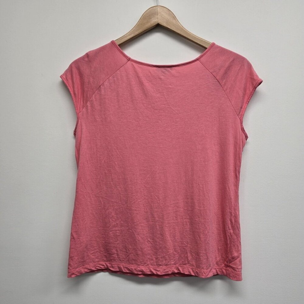 Talbots Women's Small Blouse Pleated Tiered Neckline Short Sleeve Pink Stretch - Picture 2 of 7